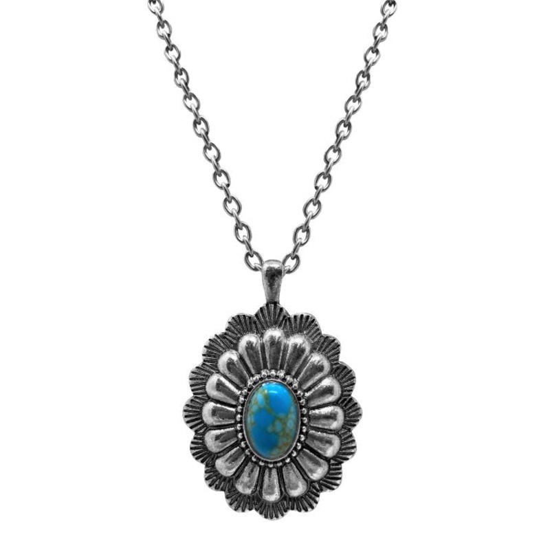 Western Oval Turquoise Stone Concho Pendant Necklace