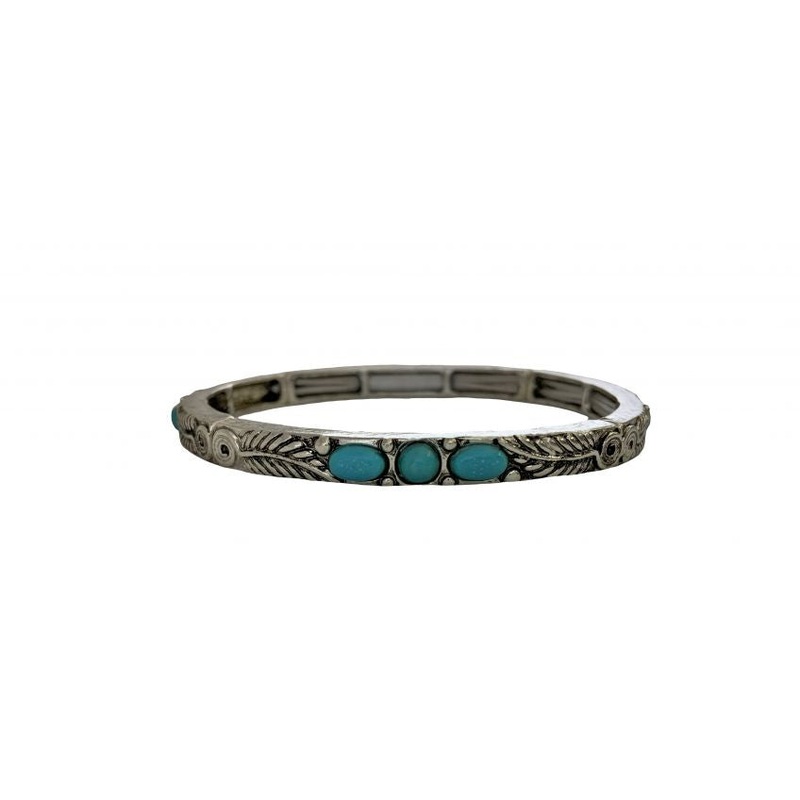 #BB00803-SBTQ: Metal bracelet with feather engraved and teal stones