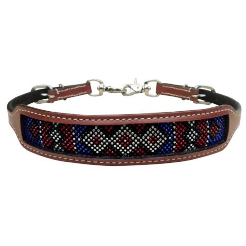 Showman wither strap with red, white, and blue crystal rhinestone diamond design inlay