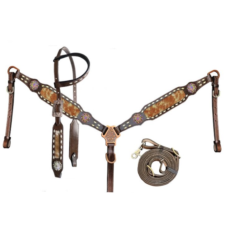 Showman Brown and White hair on cowhide One Ear Headstall and Breast Collar Set, with rawhide lacing