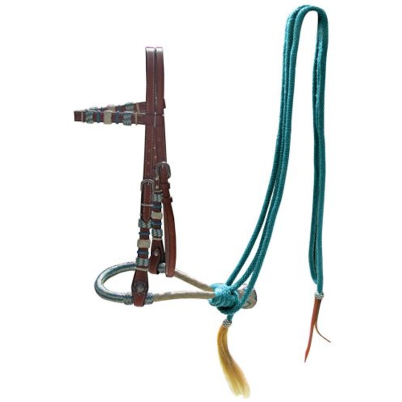 #14092: Showman leather bosal headstall with teal rawhide braided bosal and teal nylon mecate rei
