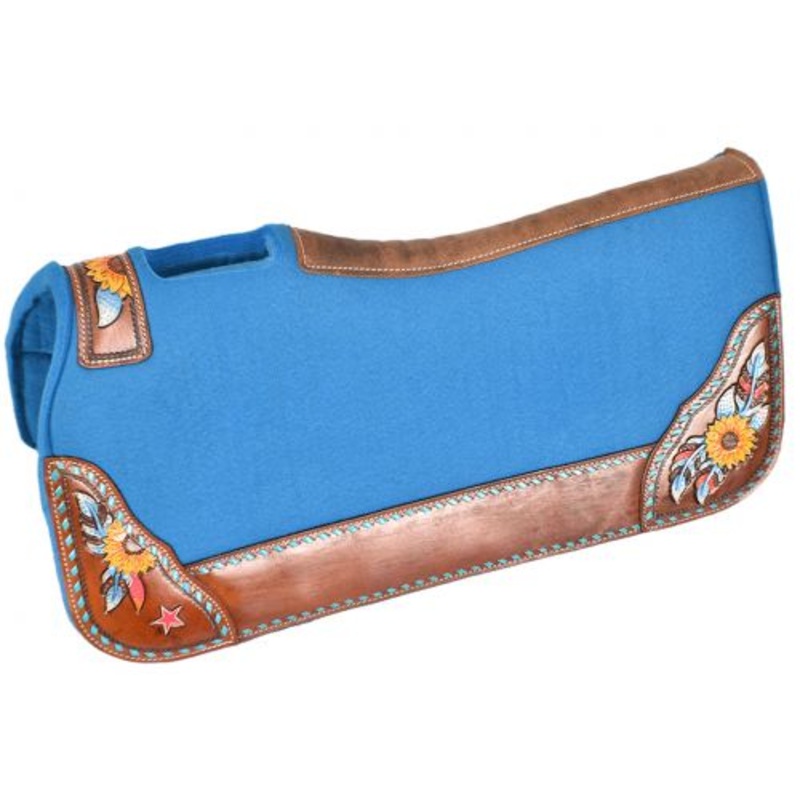 #4990X: Showman 31″ x 32″ x 1″ Turquoise felt saddle pad with hand painted sunflower, feather, an