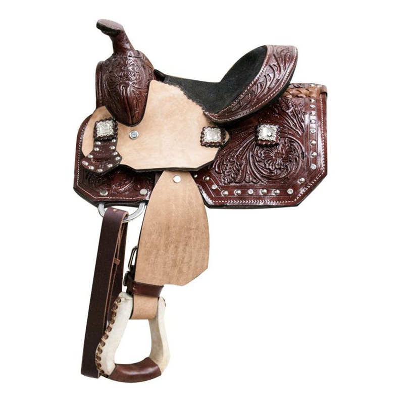 8 Double T Pony Saddle with Floral Tooling and Crystal Rhinestone Conchos