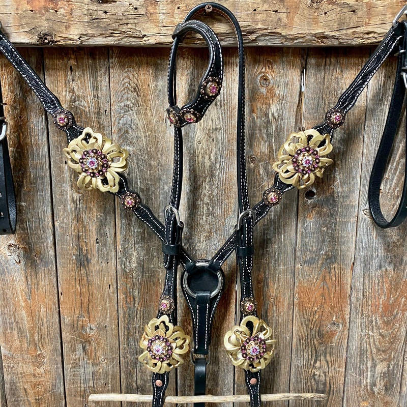 Black Floral Pink and Gold One Ear & Breastcollar Tack Set #OEBC408