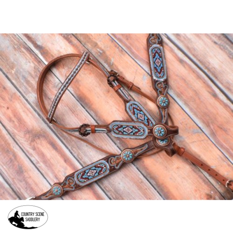 Showman Light Blue Beaded Headstall and Breast Collar Set.