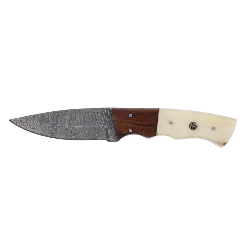 Lariat Plainsman – Hand-Forged Damascus Skinning Knife with Camel Bone & Brown Wood Handle