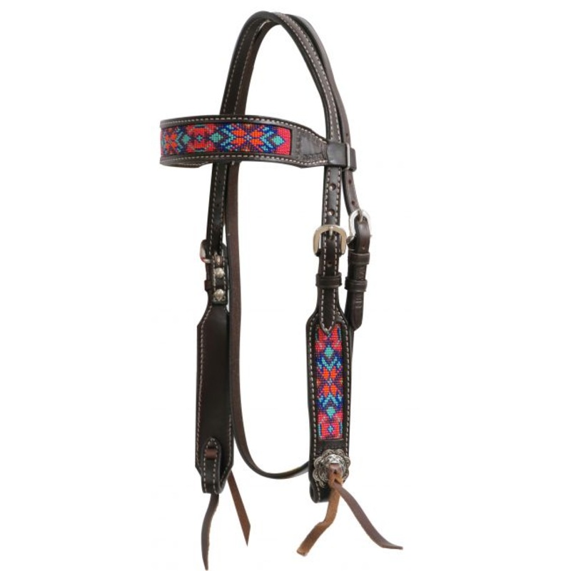 #13741: Showman  Dark chocolate Argentina cow leather headstall with beaded inlays