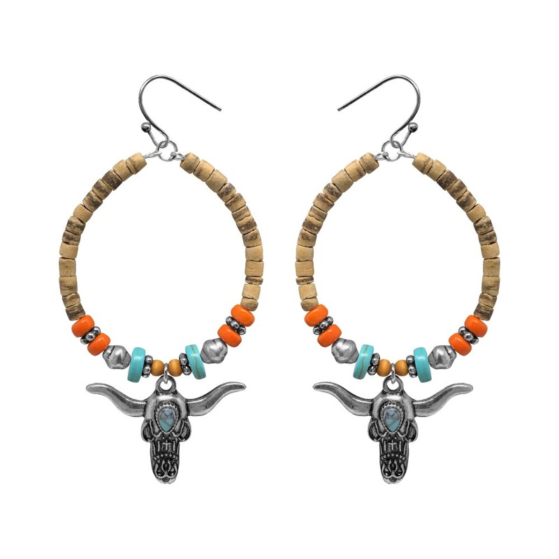 Hoop beaded and cork earrings with hook back and steer accent charm