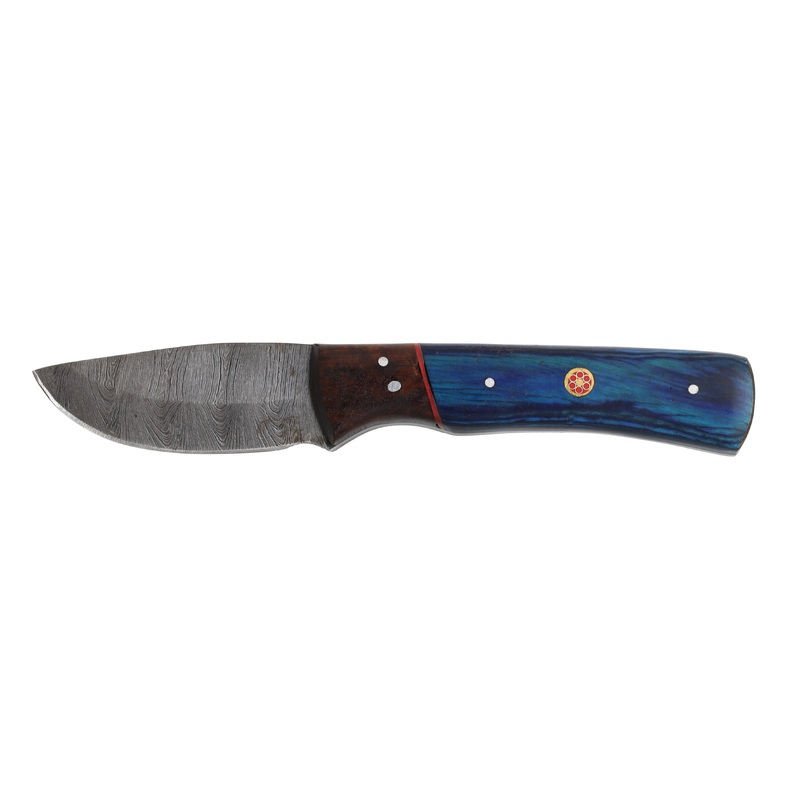 Lariat High Ridge – Hand-Forged Damascus Skinning Knife with Blue & Brown Wood Handle