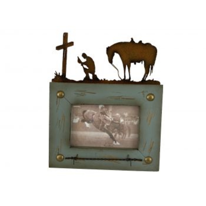 #RA9978: Rainbow Trading Praying Cowboy Picture Frame 6″x4″, frame features tin rustic praying cowb