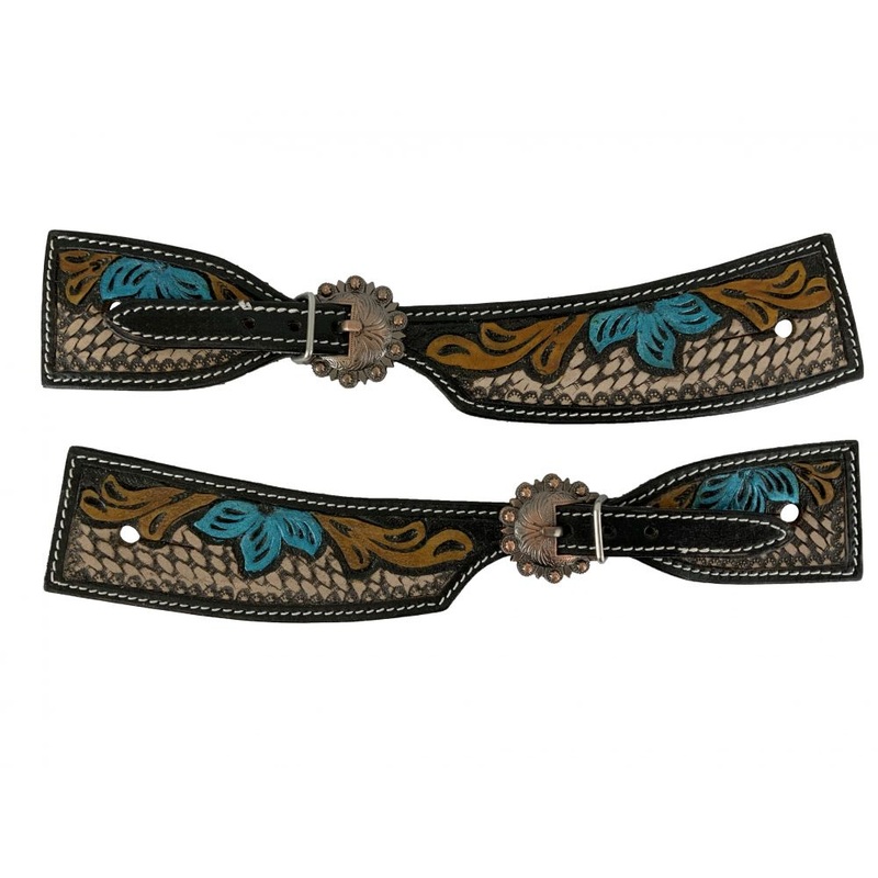 Showman Ladies spur straps with painted blue flower on basket tooled leather