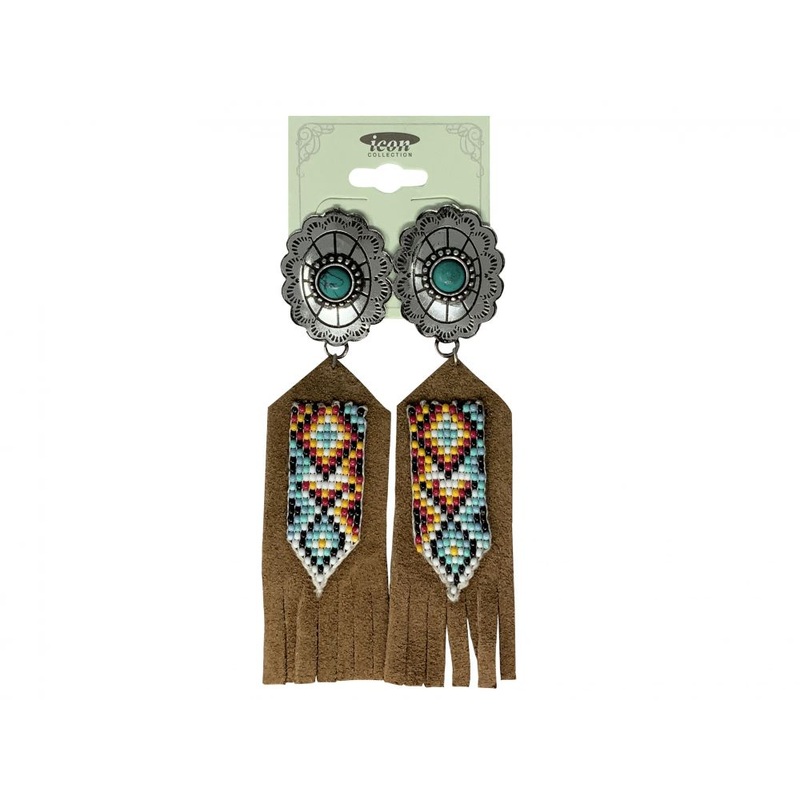 Concho Earrings with beaded leather accents – white and blue