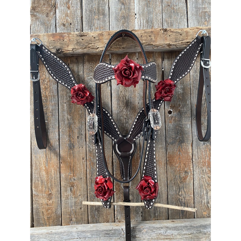 Dark Oil Buckstitch -Red Rose Browband Headstall & Breastcollar Tack Set #BBBC402