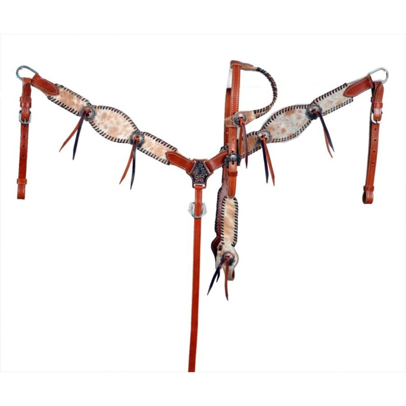 Showman Medium Oil Cowhide inlay one eared headstall and breast collar set with black rawhide lacing.
