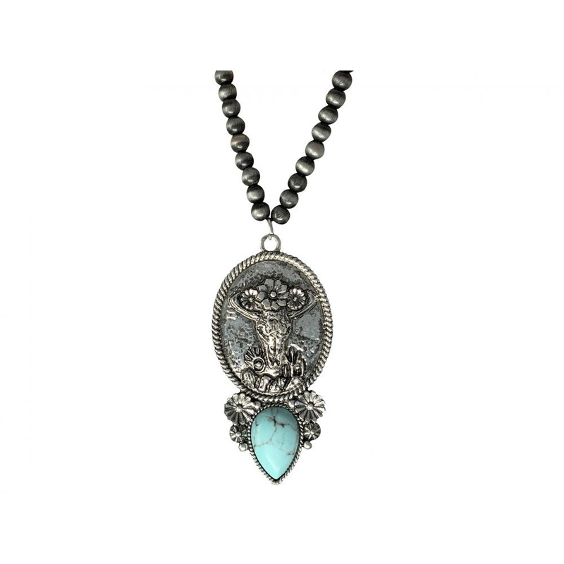 Gray beaded necklace with Cow Skull charm