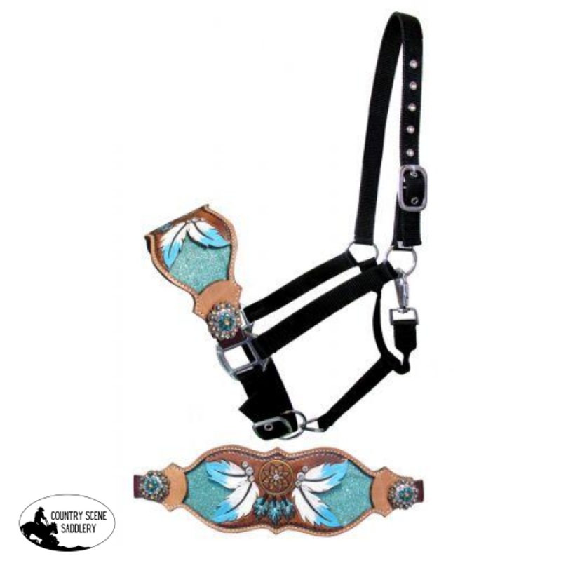 ShowmanFULL SIZELeather bronc halter with teal dreamcatcher design.