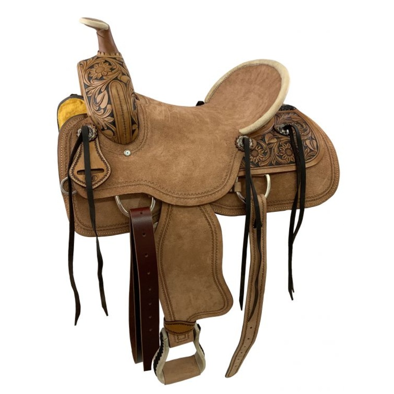 16 Economy Roper Style Roughout Hardseat Saddle with Tooling and Rawhide Accents-FREE SHIPPING