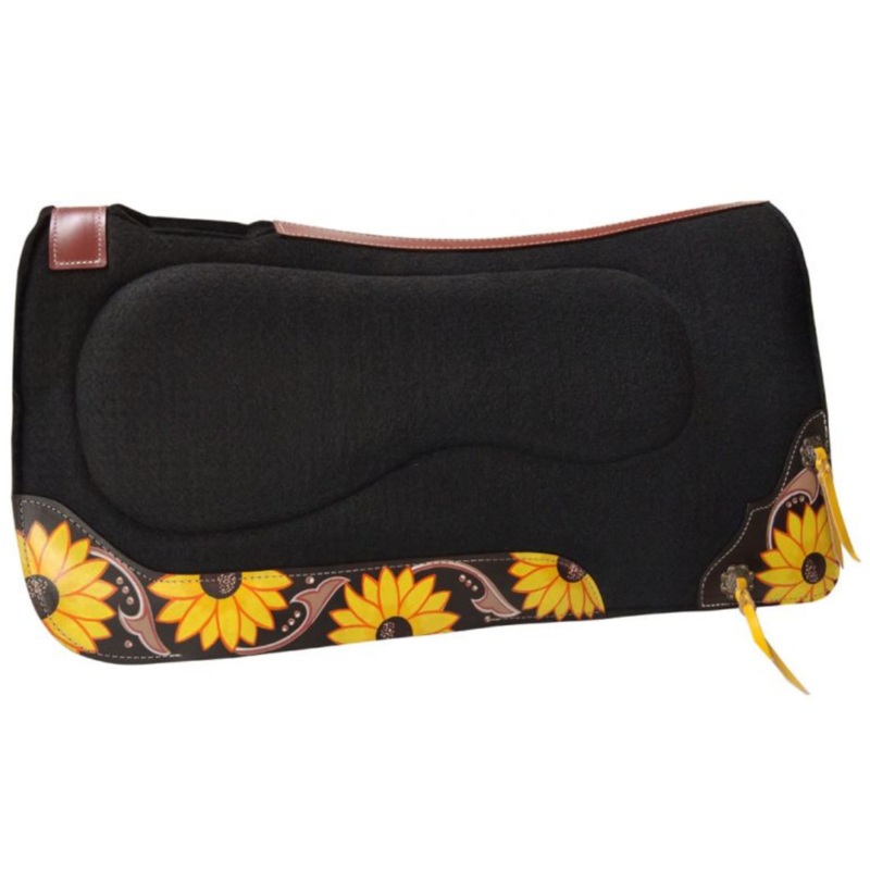Showman 32″ x 31″ Black felt built up saddle pad with hand painted sunflower wear leathers.