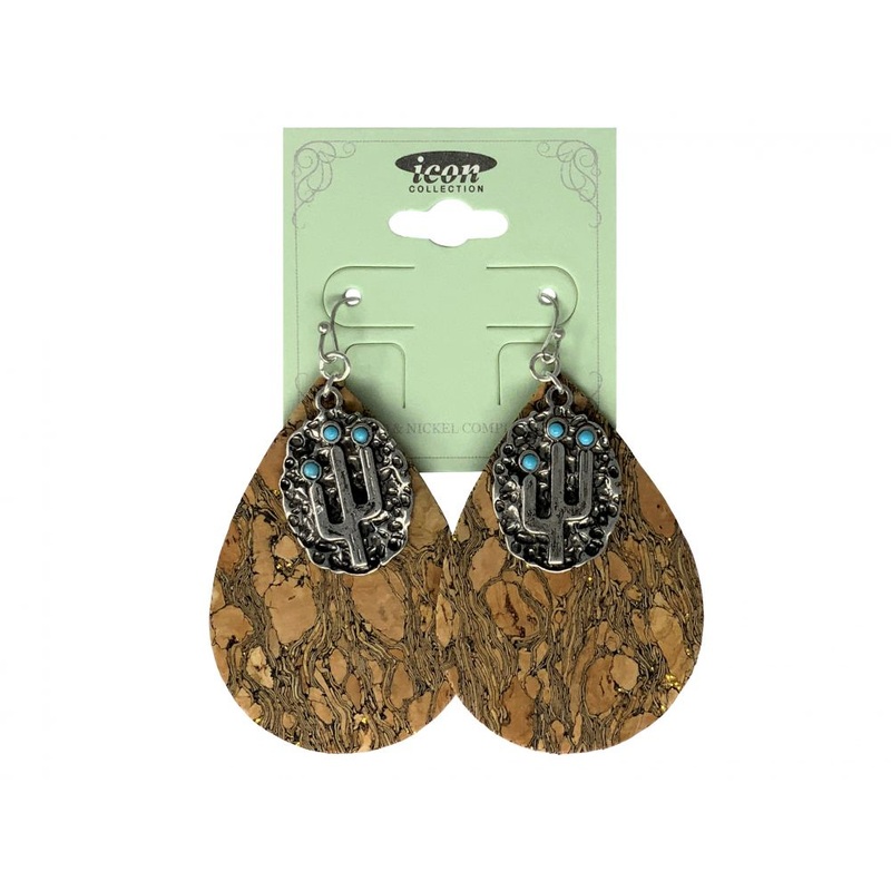 Teardrop cork earrings with hook back and cactus accent charm