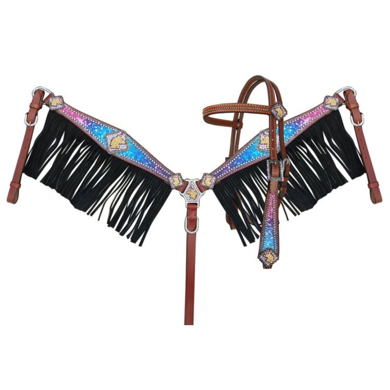 #14312: Showman  Galaxy print browband headstall and breastcollar set with unicorn conchos and bla