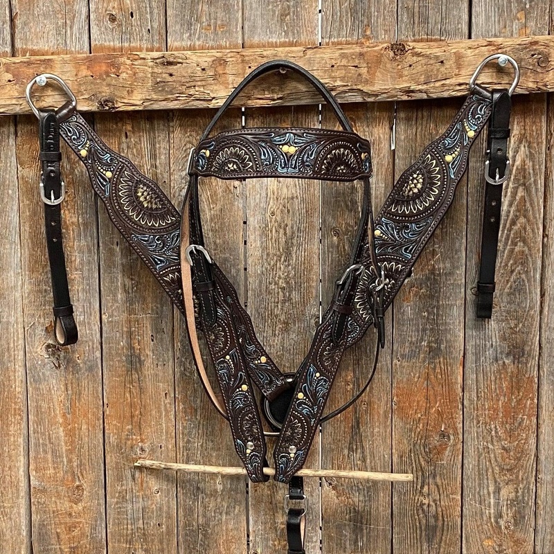 Dark Oil Floral Hand Painted Headstall/Breastcollar Tack Set