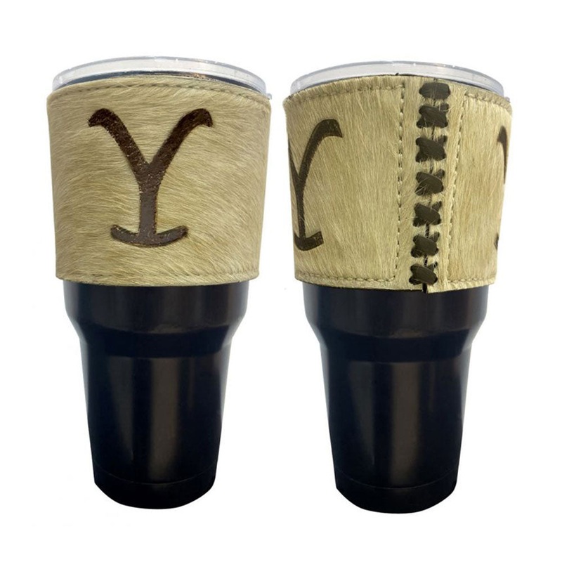 30 oz Insulated Black Tumbler with Removable Argentina Cow Leather Cowhide ‘Y’ Cattle Brand Sleeve
