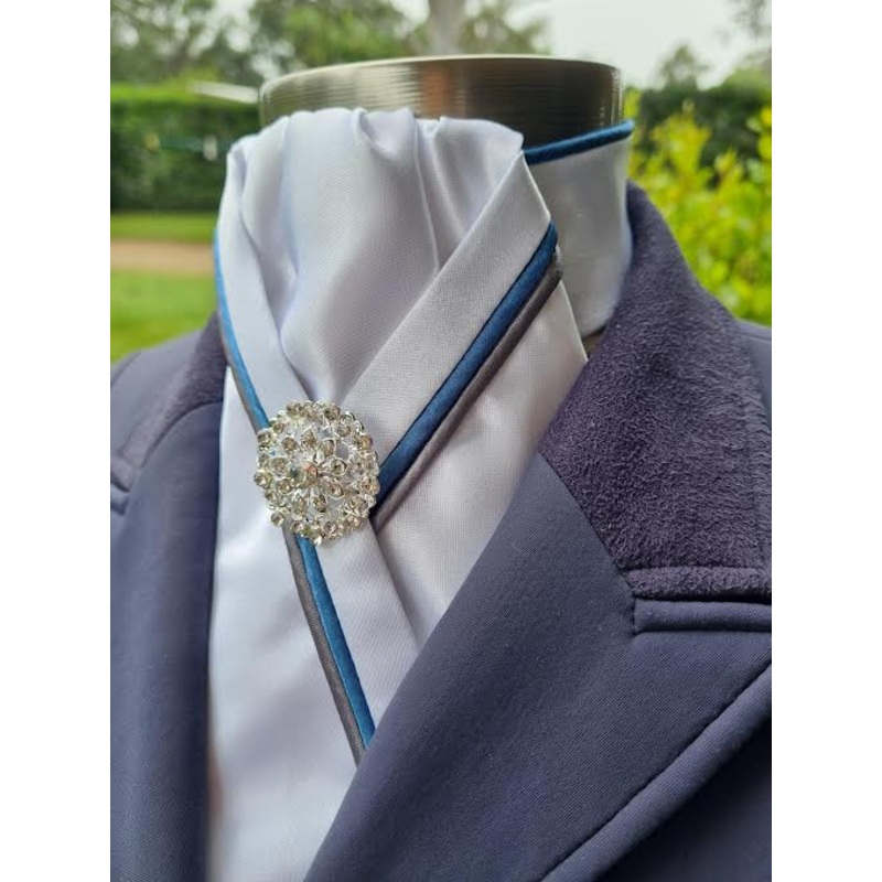 Cadenza Stock Tie~ White Gathered Center/ Slate Blue & Grey Piping/ Slate blue neck Piping