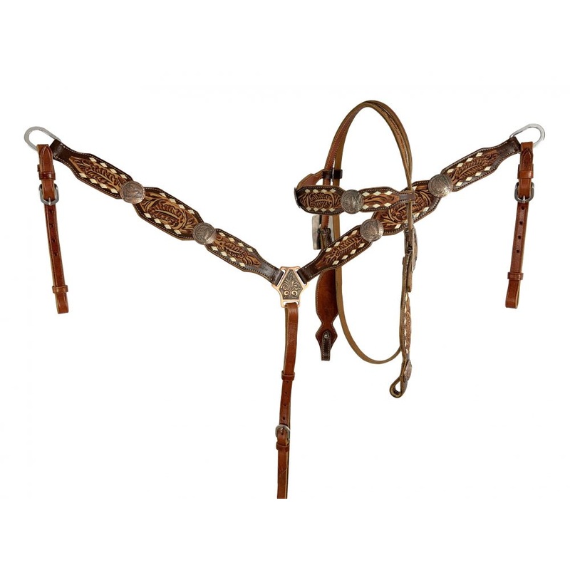 Showman Floral tooled Leather Browband Headstall and Breast Collar Set