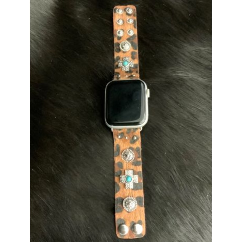 #WB1646MSLPD: Cheetah Print Apple Watch Band w/ Turquoise cross accents