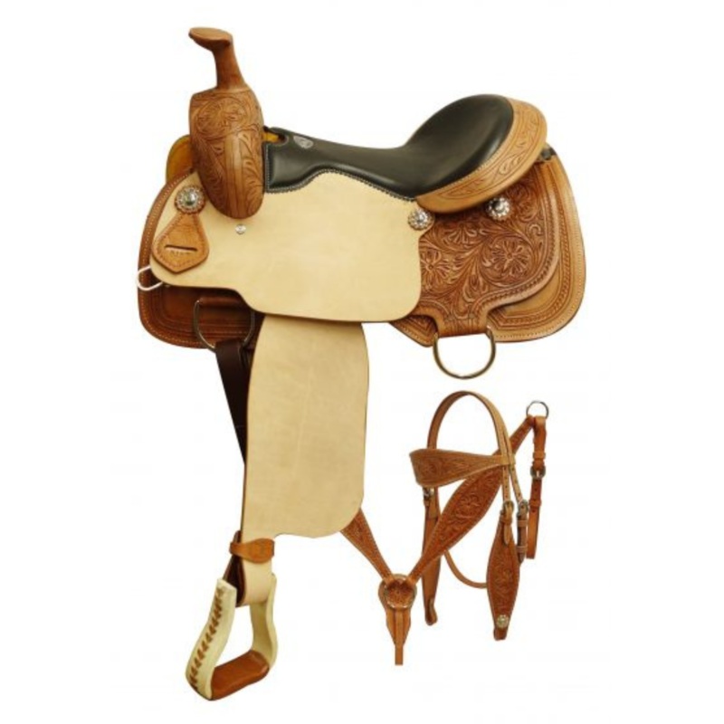 16″ DOUBLE T  ROPER STYLE SADDLE SET WITH FLORAL TOOLING