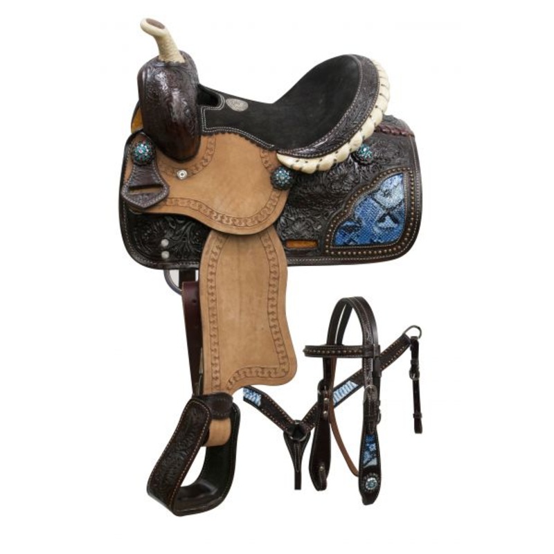 #786310: 10″ Double Tpony saddle set with blue snake print inlays