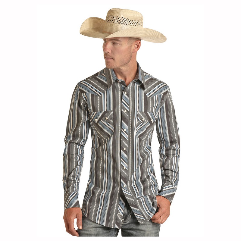 BMN2S03345 Rock & Roll Men’s Long Sleeve Stripe Western Snap Shirts – Blue Grey