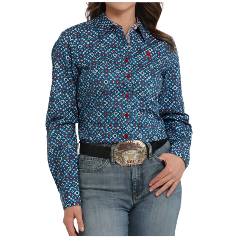 MSW9165070 Cinch Women’s Long Sleeve Western Button Up Shirt – Blue Print