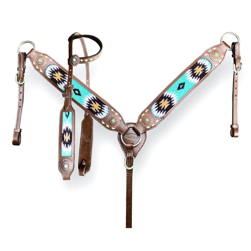 Showman Browband Headstall & Breast collar set with wool southwest blanket inlay and white buckstitch accents