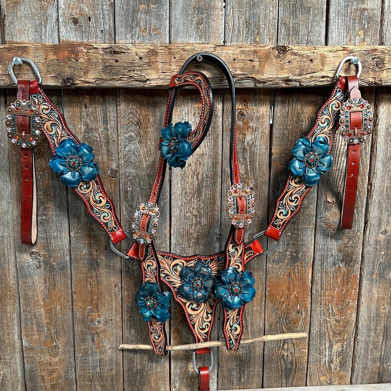 Rust Triangle Turquoise Flower One Ear/ Breastcollar Tack Set #OEBC533