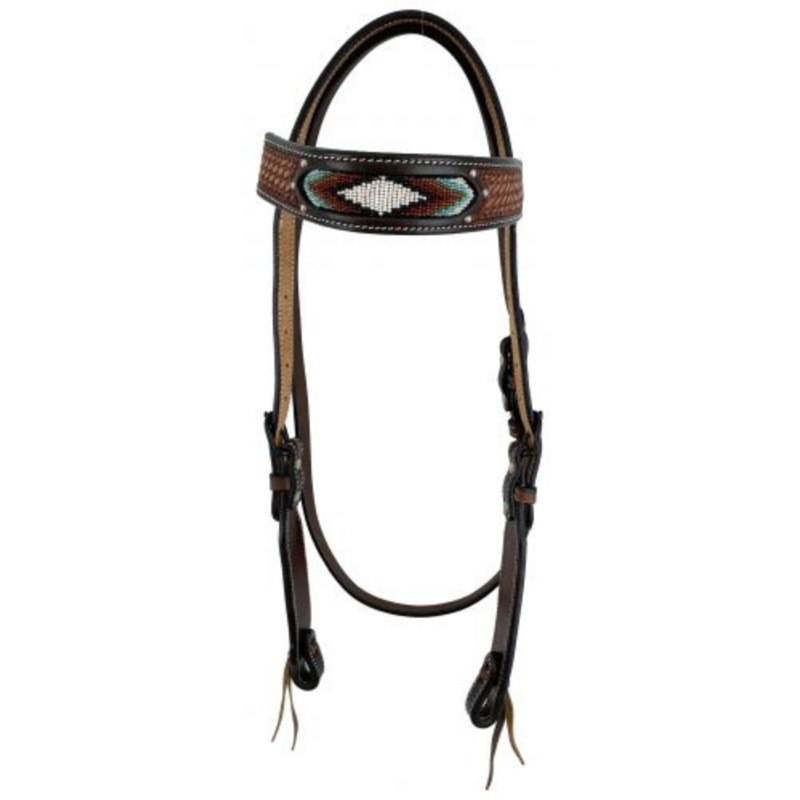 Showman Dark Brown two-tone Argentina cow leather brow-band headstall with beaded inlay design.