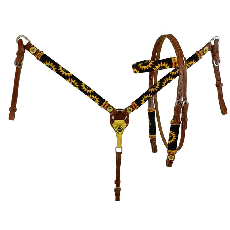 Showman Medium oil leather browband headstall with beaded yellow sunflower design
