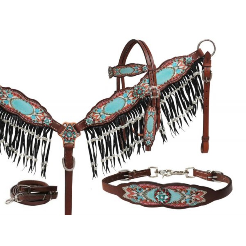 #13764: Showman  Antique inspired print overlay headstall, breast collar and wither strap set with