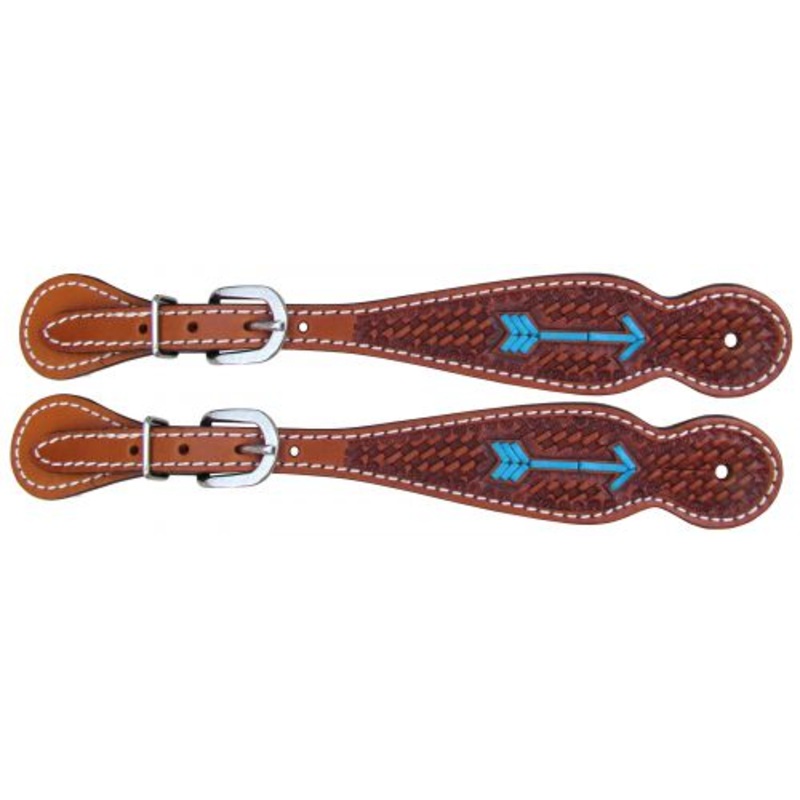 #30870: Showman Argentina Cow Leather tooled leather spur straps with rawhide laced arrow
