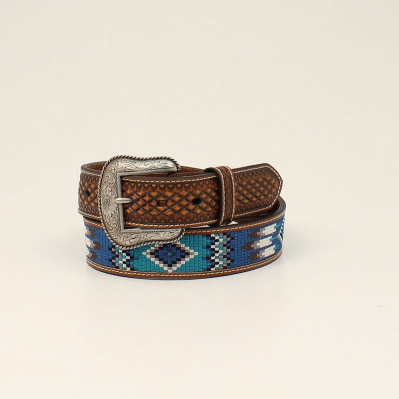 A1038702 Ariat Men’s Brown & Blue Southwest Embroidered Leather Belt