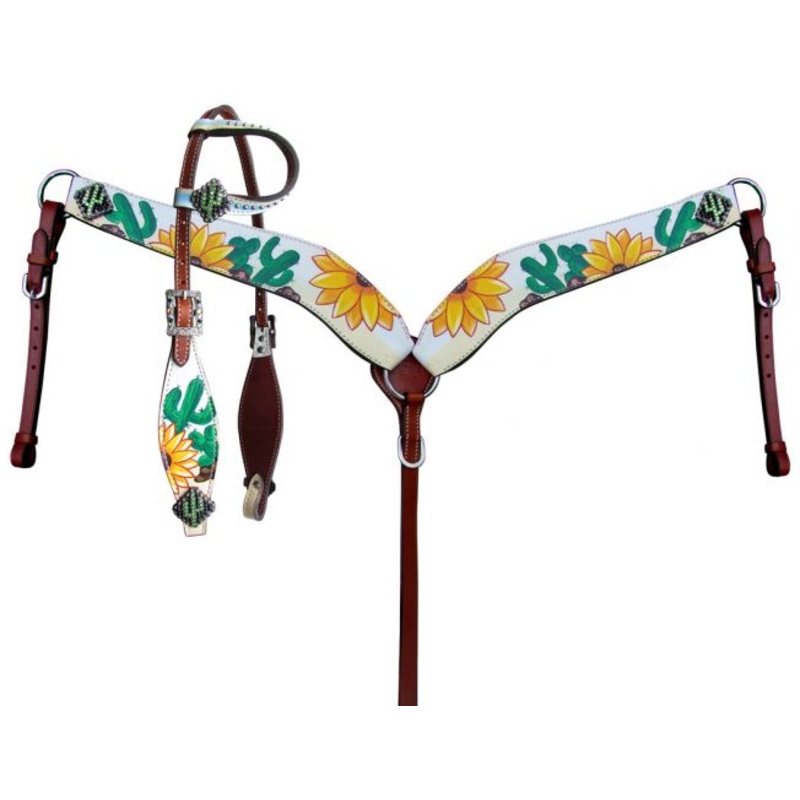 Showman Hand Painted Sunflower and Cactus Print One Ear Headstall and Breastcollar Set