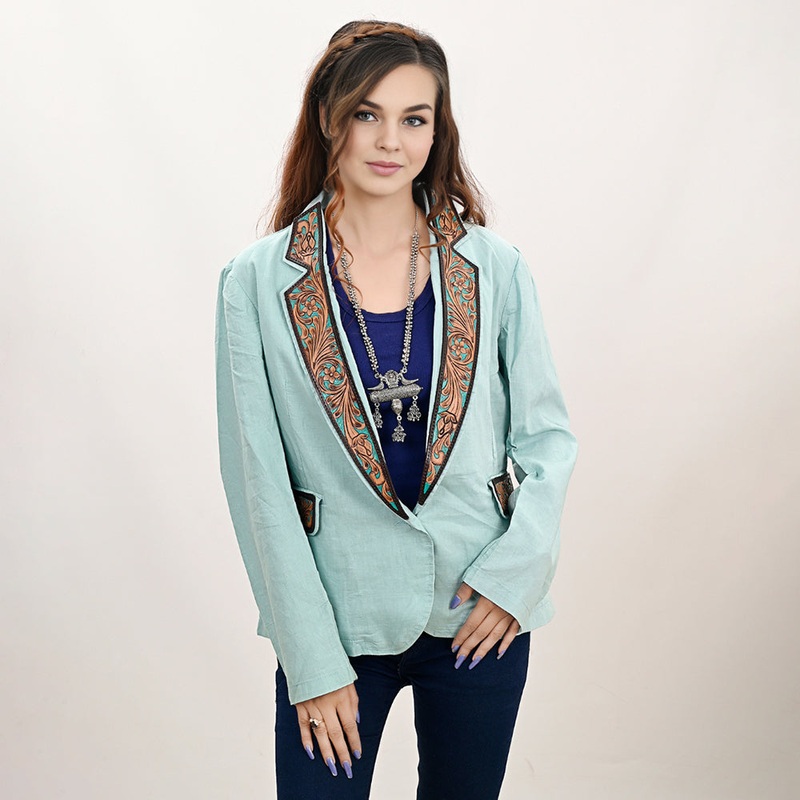 ADBZ034 Genuine leather Hand tooled hand carved Women Blazer dress jacket ladies Girl