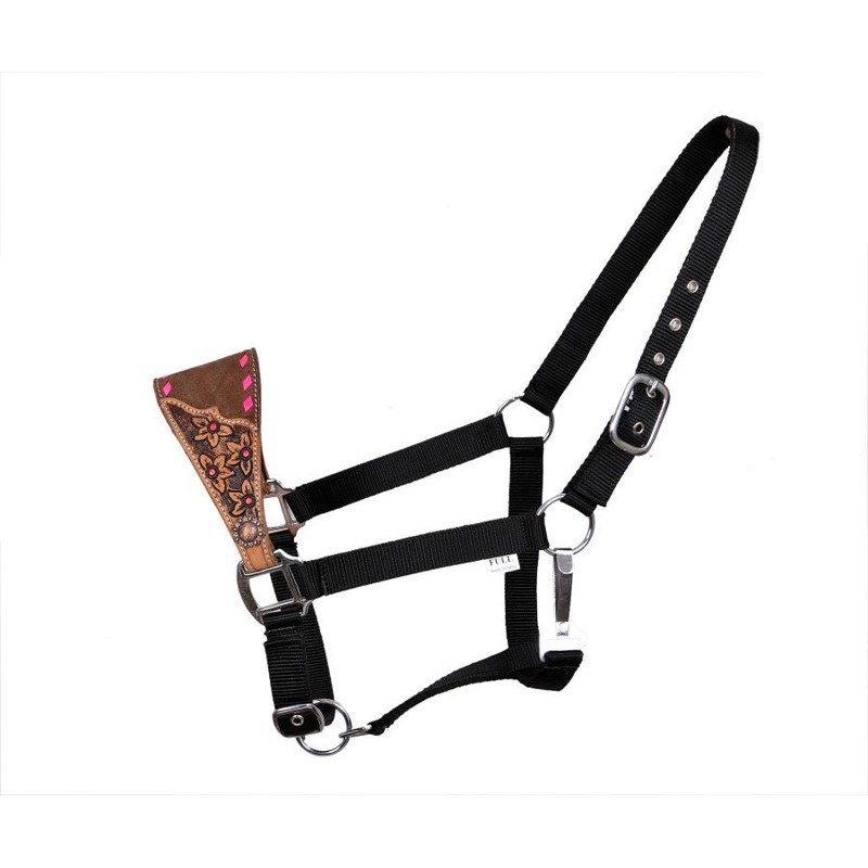 Showman Adjustable nylon bronc halter on medium leather with floral tooling and pink buck stitch