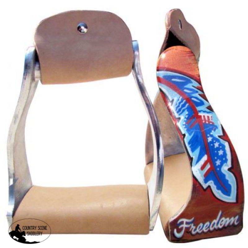 Showman Lightweight twisted angled aluminum stirrups with “Freedom” feather design.