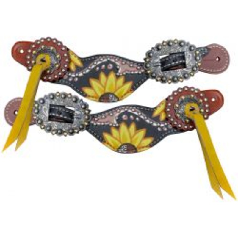 Showman Ladies Yellow and Black Sunflower Hand Painted Spur Straps