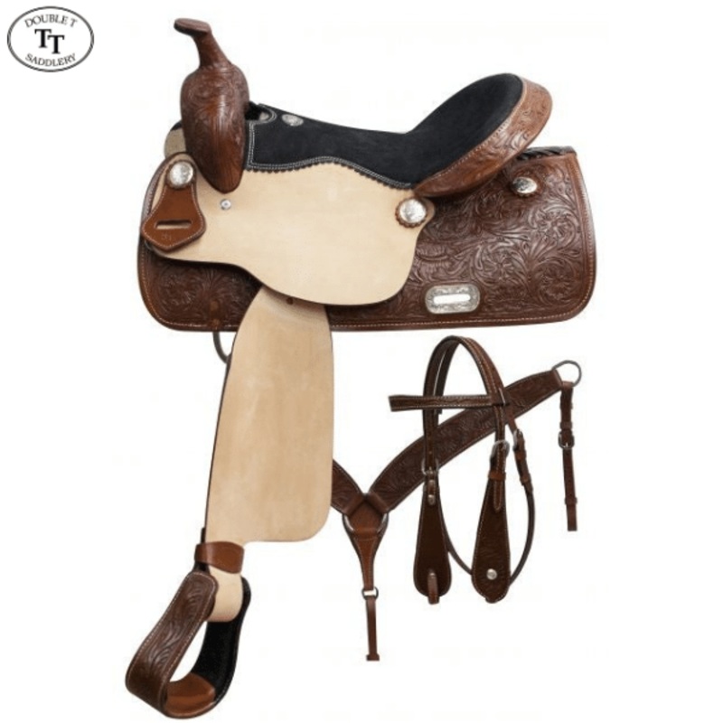 #7656: 15″, 16″, 17″ Double T pleasure style saddle set with floral tooling