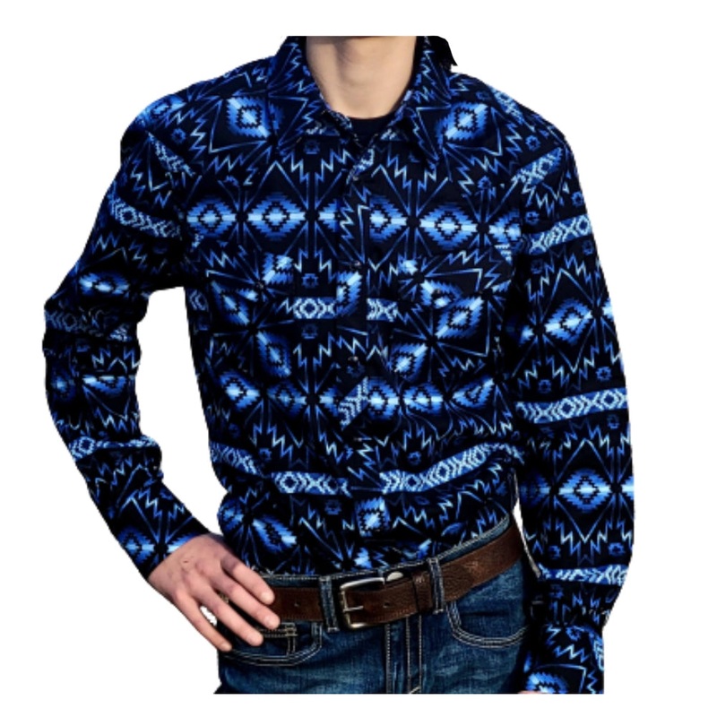 RRMSOSR0PU Rock & Roll Men’s Long Sleeve Print Shirt – Black & Blue Aztec