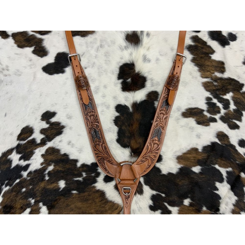 Showman Floral Tooled Medium Leather Pulling Collar with Black Rawhide Lacing