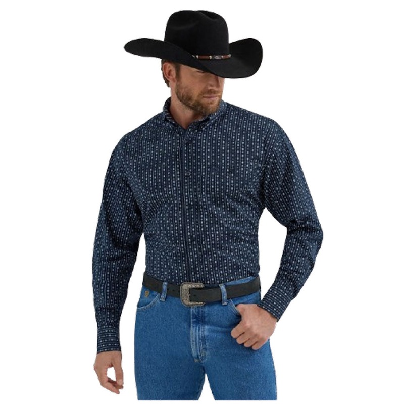 112356594 Wrangler Men’s George Strait Collection One Pocket Long Sleeve Shirt – Navy Arrowhead