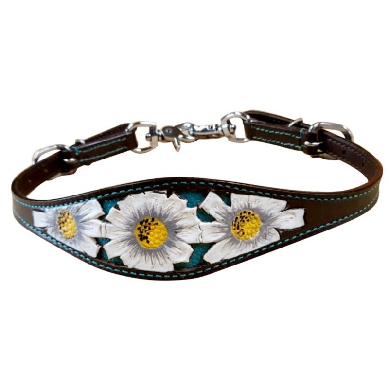 #177257: Showman  Leather wither strap with white painted poppy flower design on teal inlay
